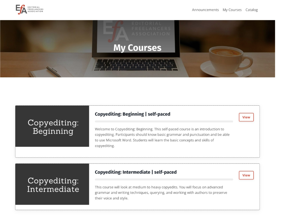 Screenshot of the EFA's new Education Program platform. The banner at the top of the page has a background photo of a laptop and the title "My Courses," followed by sample course listings and descriptions.
