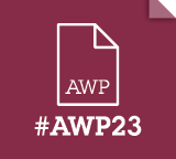 White on maroon #AWP23 logo