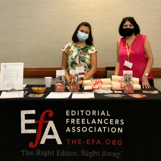 Two people behind a table with a drape that reads Editorial Freelancers Association; the-efa.org; The Right Editor, RIght Away