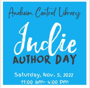 Black and white text on cyan background, Indie Author Day, Nov. 5, 2022