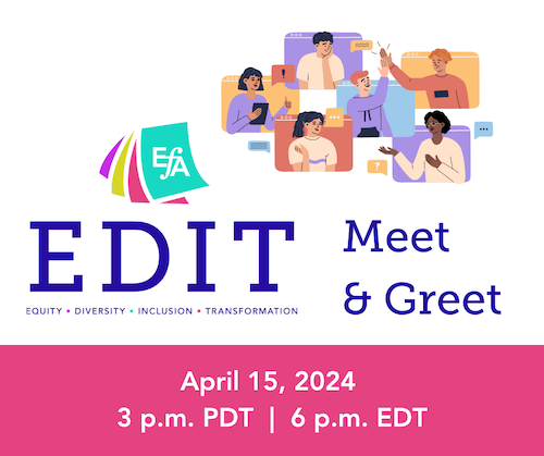 Multicolor illustration of diverse people meeting onscreen. Dark blue text reads, EDIT (Equity, Diversity, Inclusion, Transformation) Meet & Greet.
