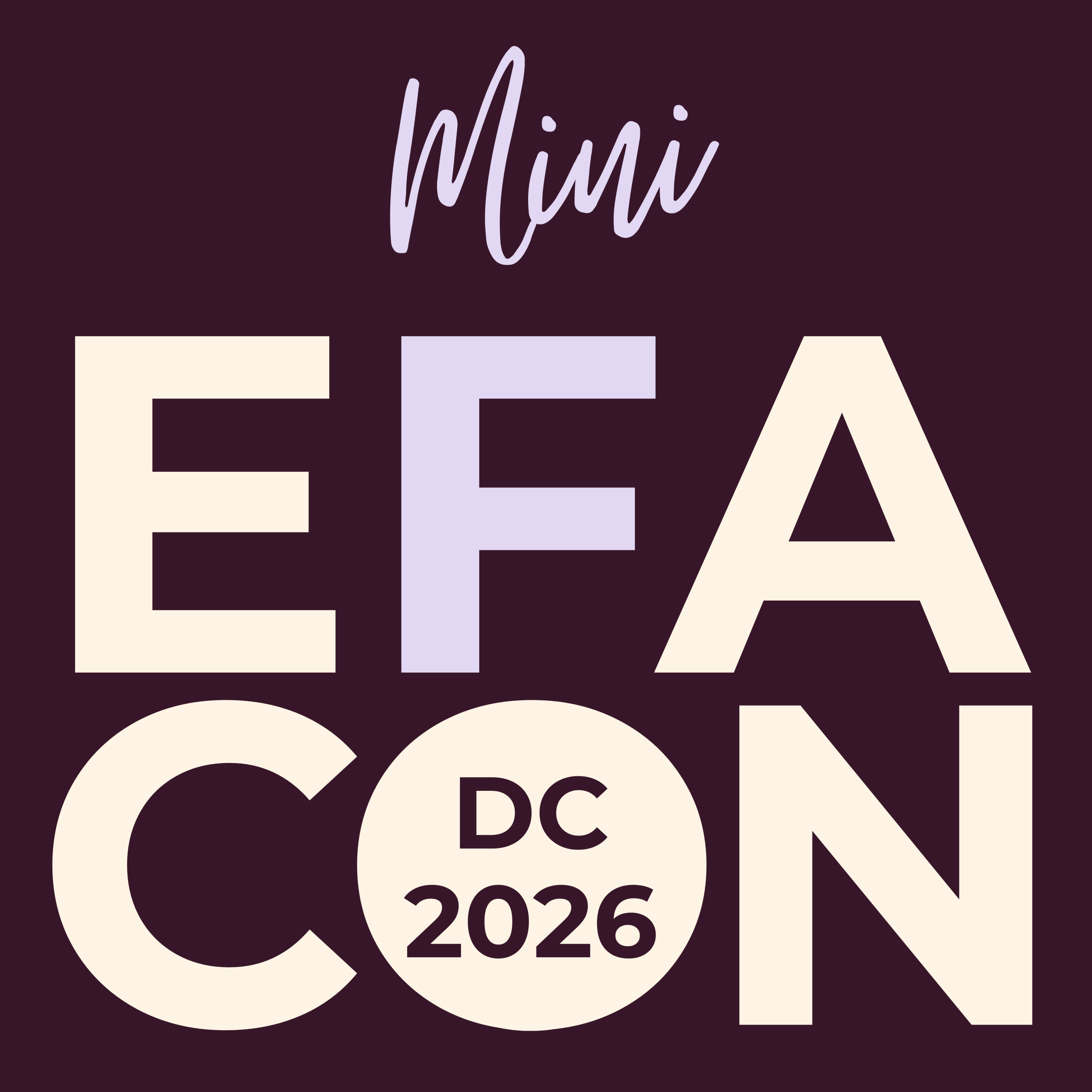 Mini EFACON DC 2026 logo with lavender and cream text on a maroon background