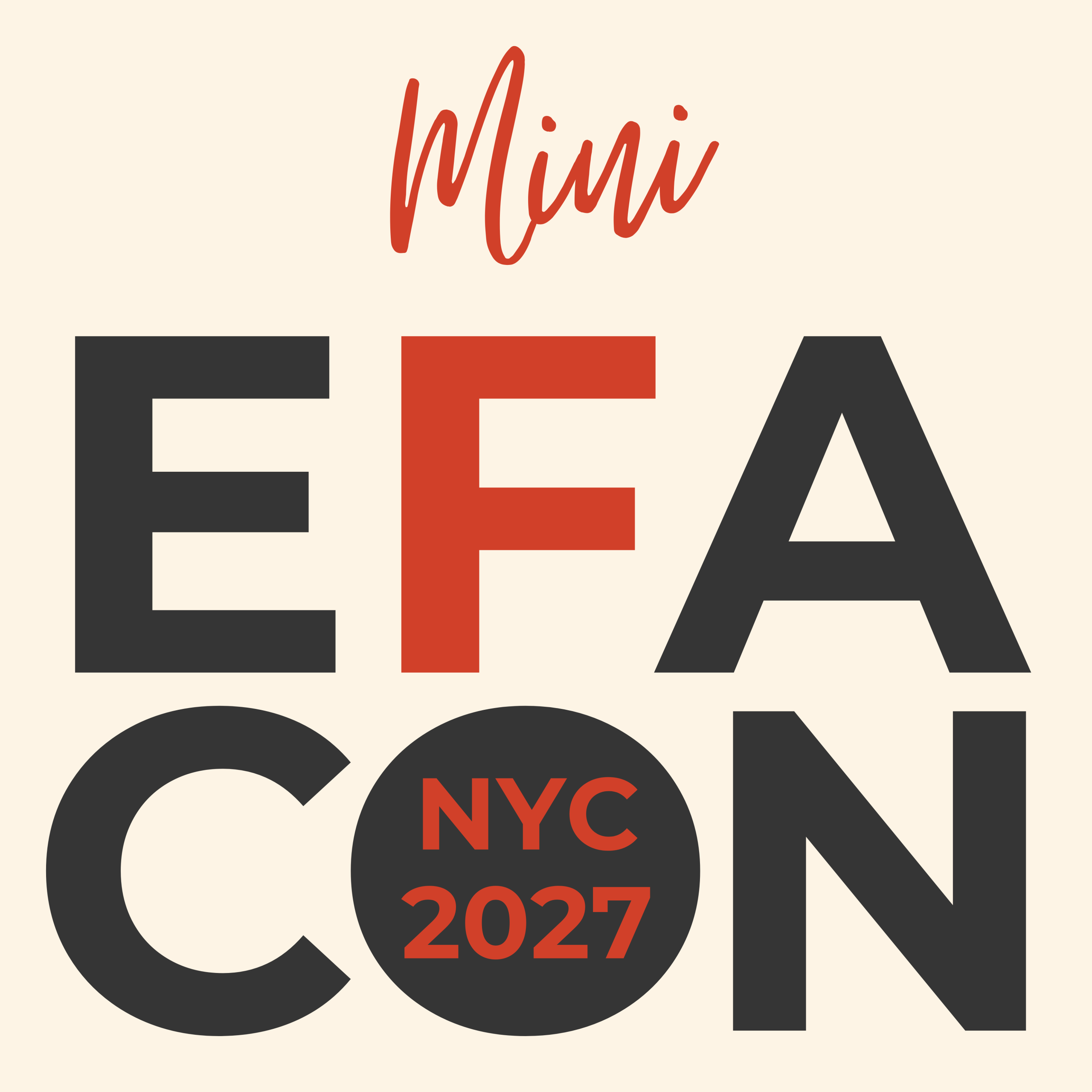 Mini EFACON NYC 2027 logo with charcoal and red text on a cream background