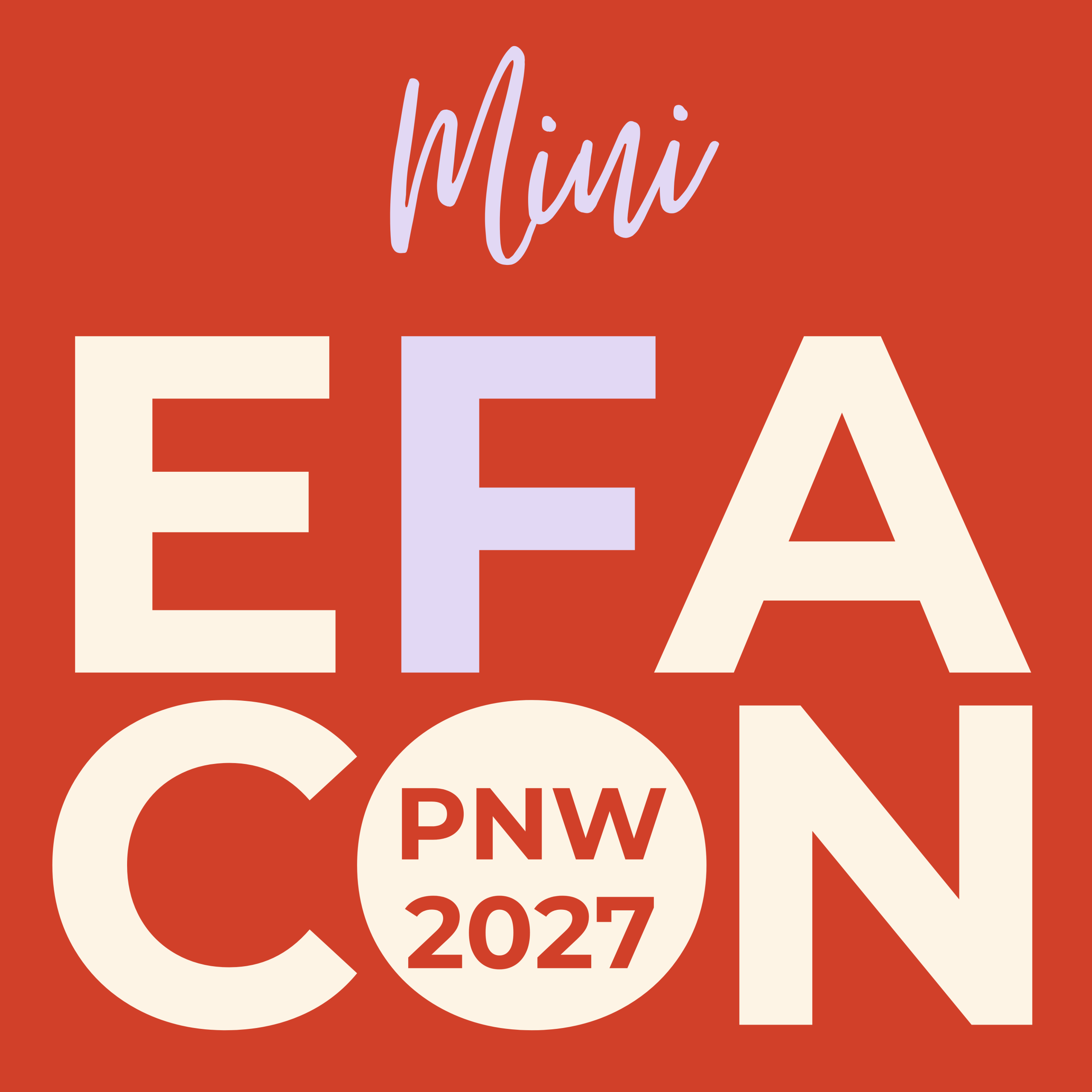 Mini EFACON PNW 2027 logo with lavender and cream text on a red background